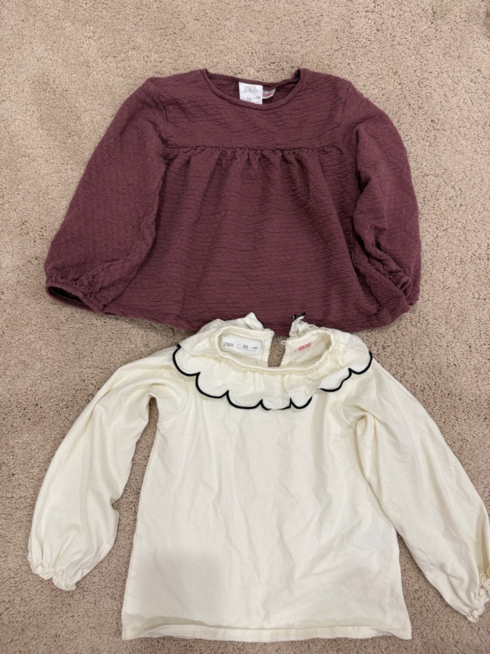 Zara Girls Long Sleeve Tops - Plum Textured Sweater & Cream Ruffle Blouse